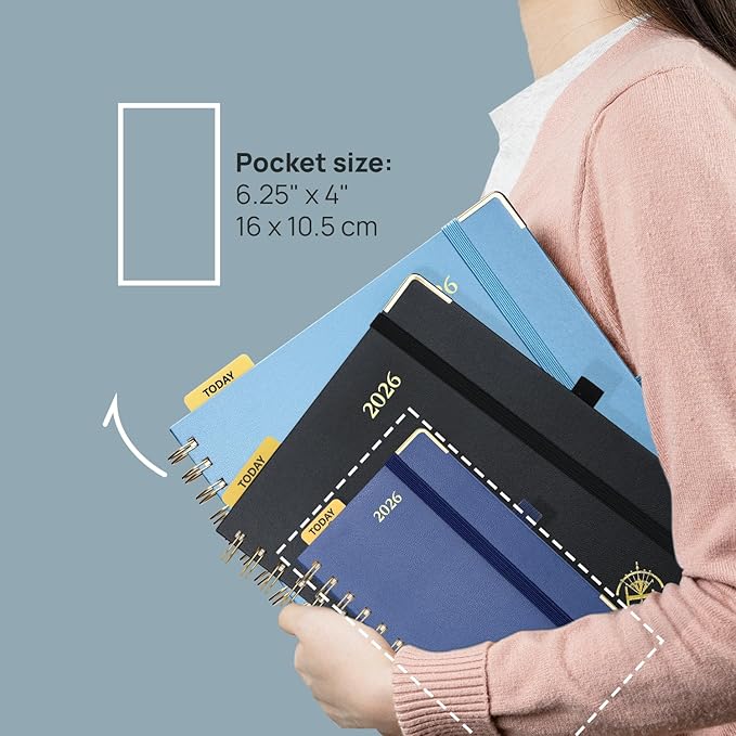 POPRUN 2026 Pocket Planner with Hourly Time Slots for Purse, (Small Size-4'' x 6.25'') - Daily Weekly and Monthly Calendar Agenda 2026 Appointment Book with Inner Pocket, 100 GSM - Navy Blue
