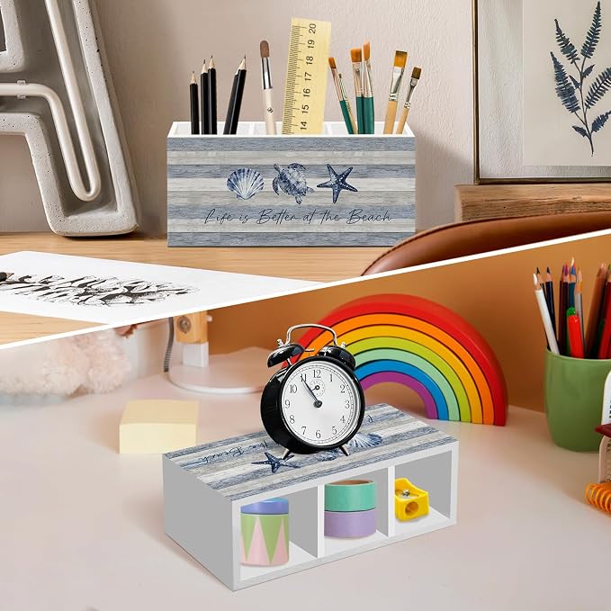 Coastal Beach Pen Pencil Holder for Desk Decor, Inspirational Ocean Office Desk Accessories, Blue Turtle Coastal Pen Holders Organizer for Office Bathroom, Life Is Better at the Beach