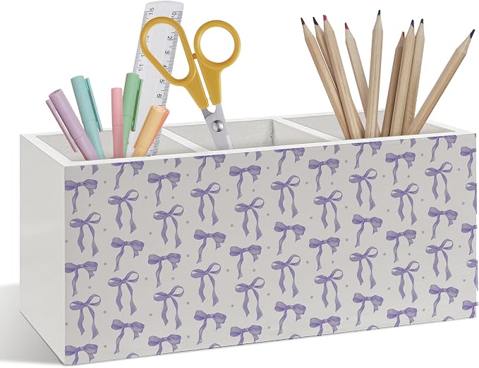 Purple Coquette Bow Pen Pencil Holder, Purple Bow Classroom Decor, Preppy Coquette Aesthetic Wooden Pen Pencil Organizer for Girly Girls Room Dorm Bedroom Playroom Office Desk Decor