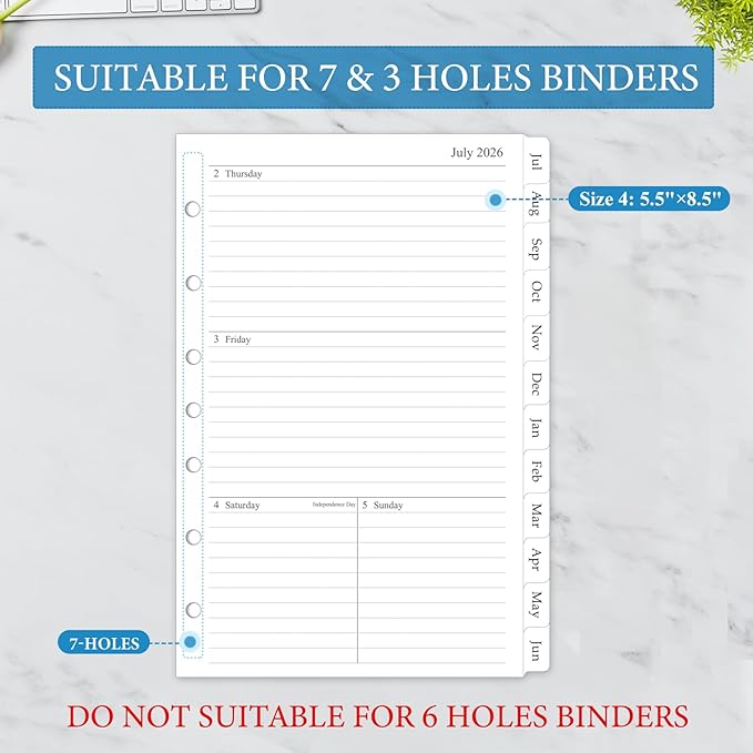 2026-2027 Weekly & Monthly Planner Refill, A5 Medium Planner Inserts with Monthly Tabs, Size 4, 5.5"x8.5", July 2026 - June 2027, 7-Hole Punched