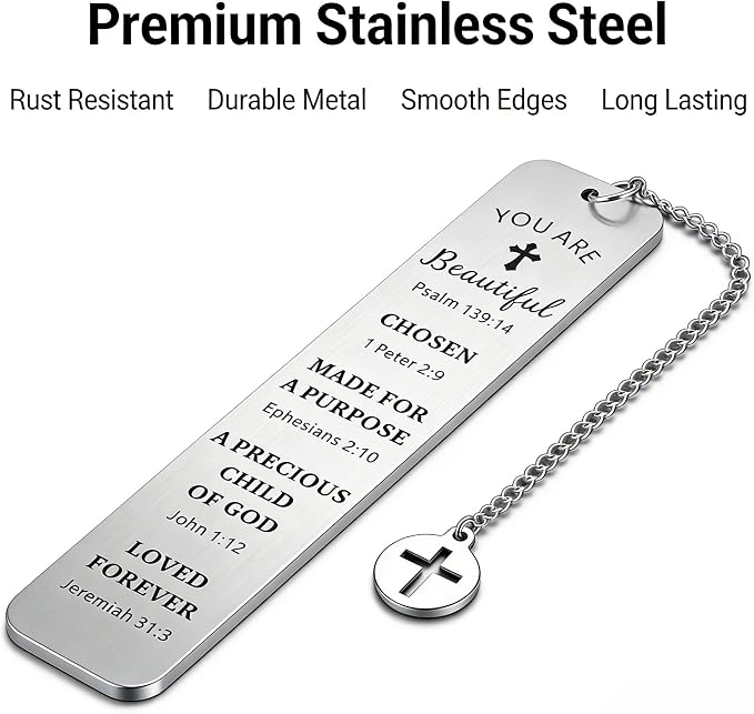 Christian Stainless Steel Bookmark with Cross Pendant – Inspirational Bible Verse Scripture – Perfect Religious Gift for Women, Men, Girls, Baptism, Graduation