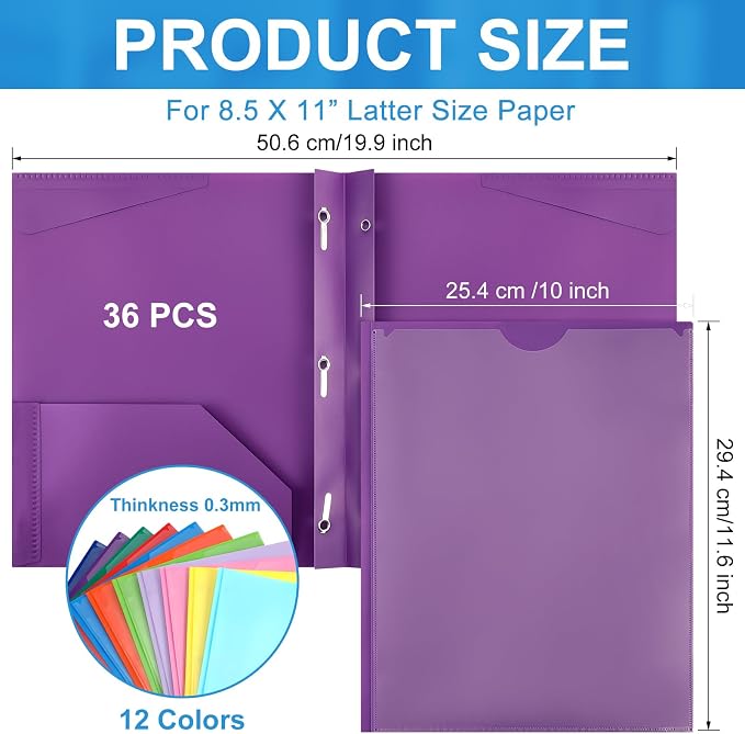 Tenceur 36 Pack Plastic Folders with 3 Prongs Bulk Heavy Duty Folders with Clear Front Pockets and Card Slots with Fasteners Fit Letter-Size Papers for Work School Office (Mix Colors)