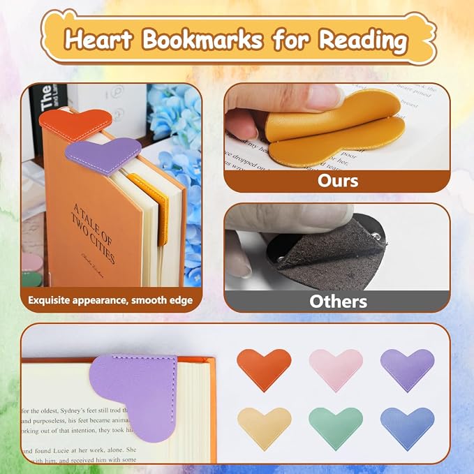 Leather Heart Bookmarks - Kinsound 6 Pieces Cute Corner Page Book Marks for Teachers Students Book Reading Lovers, for School Office Home Supplies (Heart（6pcs）)