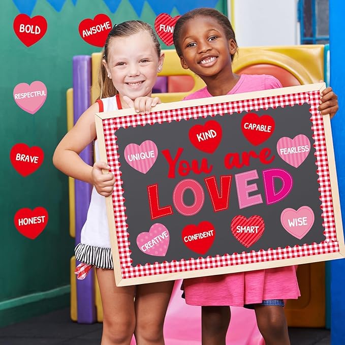 You are Loved Valentine's Day Bulletin Board Decorations Valentines Day Classroom Bulletin Border Red Heart Cutouts with Motivational Positive Sayings for Valentines Party Supplies School Office Decor