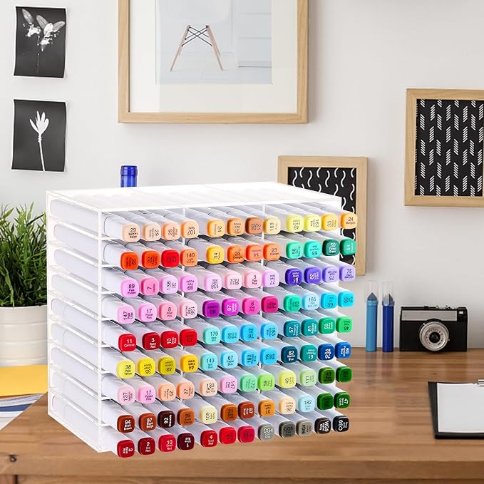 Acrylic Marker Organizer for 108 Markers, Large Capacity Alcohol Marker Storage Rack for Desk, Horizontal Pens Pencils Holder Art Organizer with 27 Compartments for Classroom Office