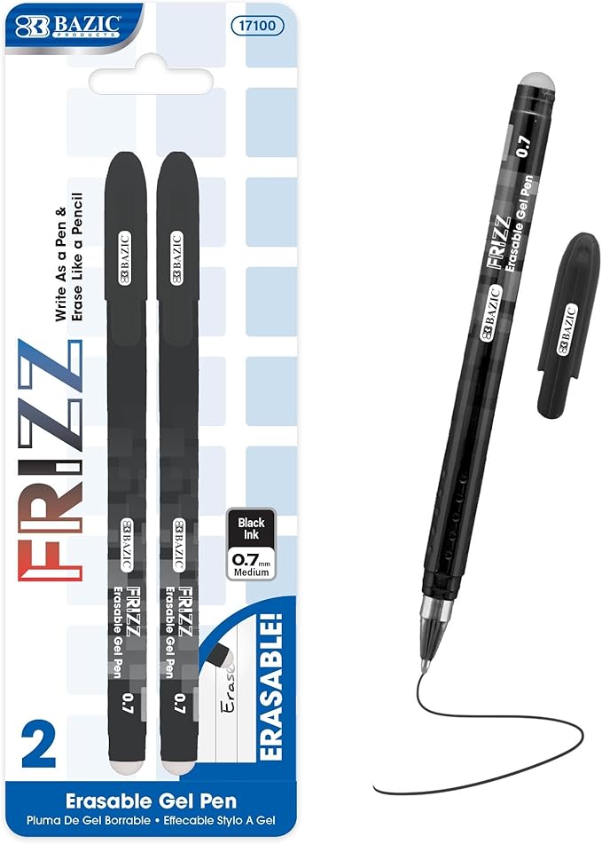 BAZIC PRODUCTS Frizz Erasable Gel Pens, 0.7mm Medium Point, Black Ink, Smooth Writing & Drawing Planner, 2 Per Pack, 1-Pack