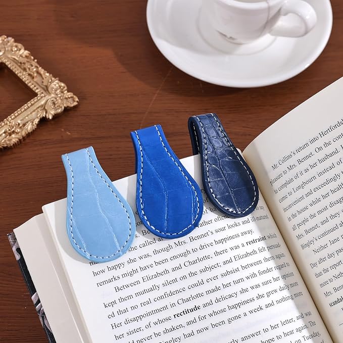 3PCS Vintage Magnetic Leather Bookmark, Leather Magnetic Bookmarks for Women, Magnetic PU Bookmarks Clip Book Accessories, Blue Pattern