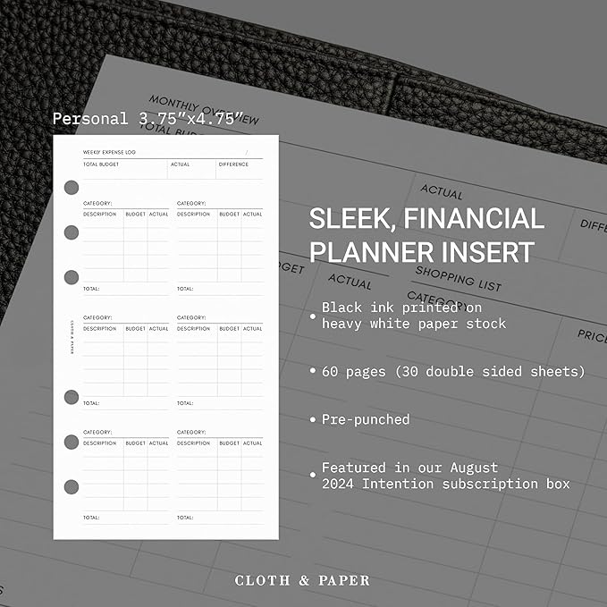 Cloth & Paper Financial Planning Inserts – Personal 6-Ring Planner Refill – 60 Pages (30 Double-Sided) for Budgeting, Savings, Recurring Payments & Expense Tracking – Minimalist Finance Organizer