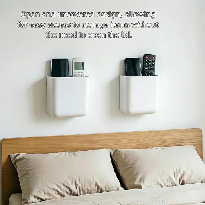 Remote Control Holder Wall Mount, TV/AC Controller Holder, Self Adhesive Wall Mounted Storage Container Perfect for Home, Office, School, No Drill Needed (2 Pcs White)