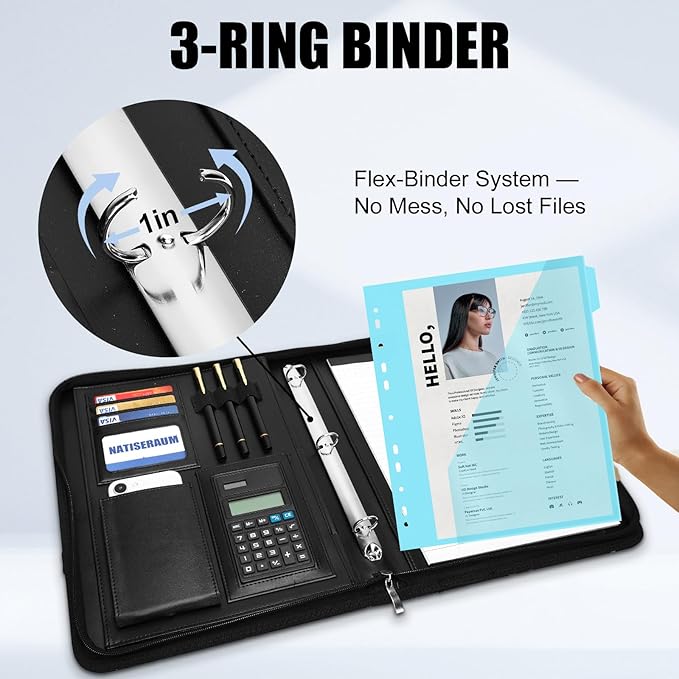 Portfolio Binder 3 Ring Includes Pen and 5 Dividers with 10 Pockets, Padfolio Organizer with Magnetic Handle for Men and Women, Includes A4 Notepad for Business, School, Work