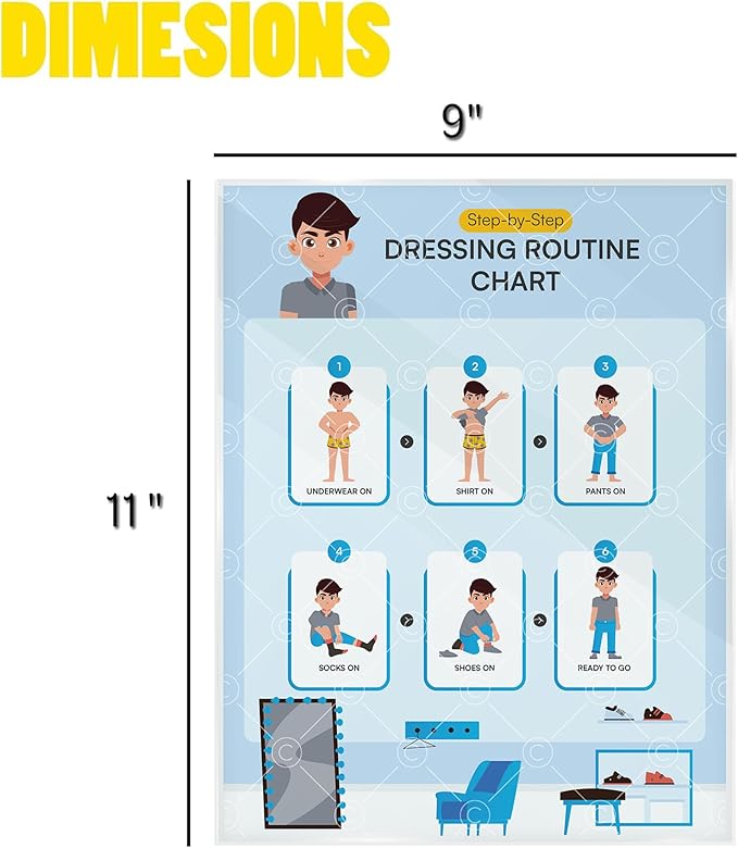 Educational Chart for Kids Step by Step Laminated 9x12 Inch for Children Self Care Visual Chart Ideal for Special Needs and Autism (Dressing Routine Chart)