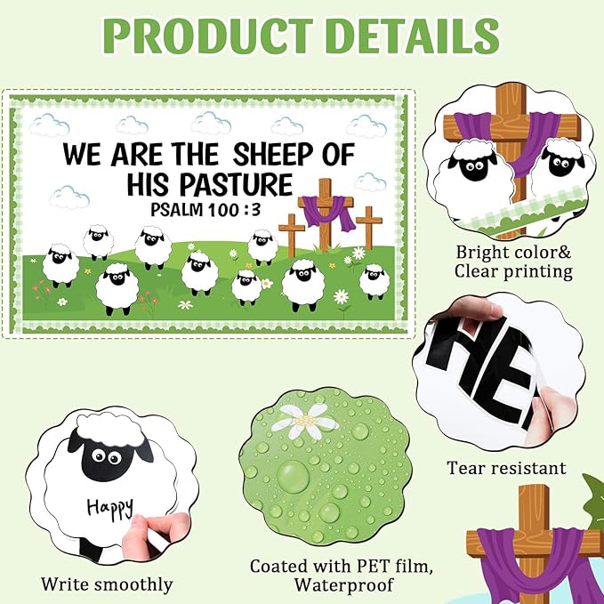 Christian Bulletin Board Set VBS 2026 Religious Jesus Classroom Decoration Sheep Bible Verse Paper Cutouts We are The Sheep of His Pasture Bulletin Board for Sunday School Church Chalkboard Wall Decor