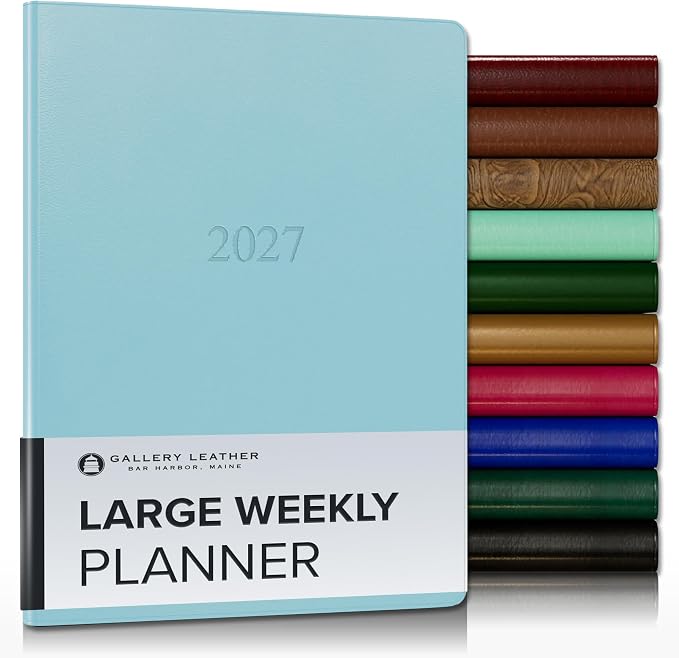 Gallery Leather Large Weekly Monthly Planner 2027, Elegantly Bound Calendar Planner and Notebook with Stylish Gold-Gilded Page Edges, 12 Months - Caribbean Aqua - 9.75x7.5"