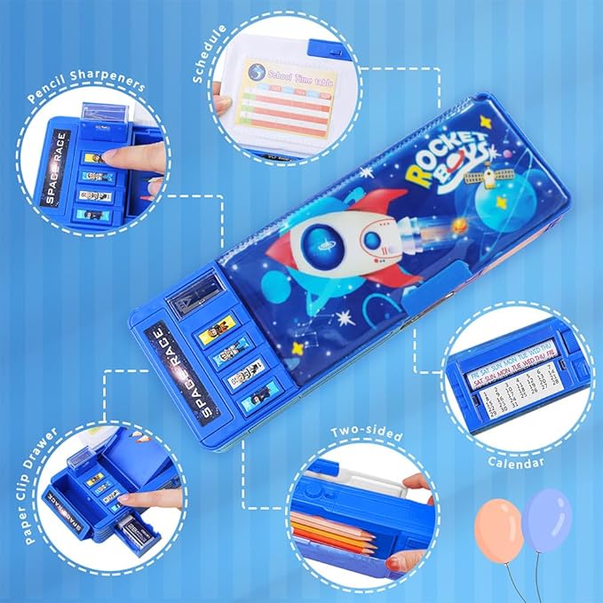 【2Pack】Pop Up Multifunction Pencil Case for Girls and Boys, Cute Cartoon Pen Box Organizer Stationery with Lock, Sharpener, Schedule, Whiteboard, School Supplies, Best Gifts for Kids(Purple+Rocket)