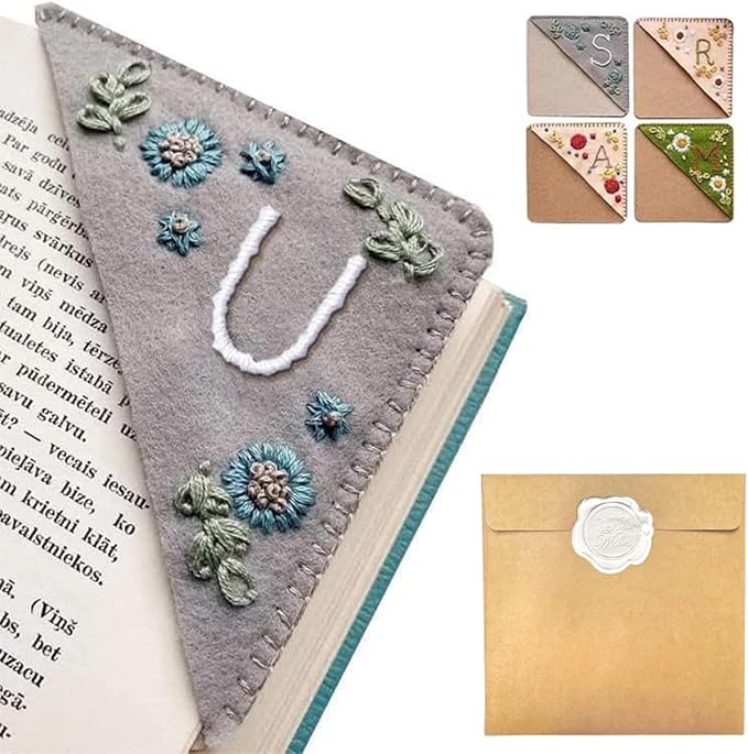 Personalized Hand Embroidered Corner Bookmark, 26 Letters Hand Stitched Felt Corner Letter Bookmark, Cute Flower Embroidery Bookmarks for Book Reading Lovers Meaningful Gift (Winter，U