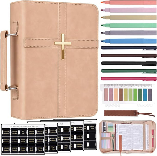 XKDOUS Bible Cover Case Leather Book Carrying Case Large Bible Bag Organizer with Cross, Handle, Pens, Tabs, Study Supplies Journaling Kit Father Day Christian Gifts for Dad, Mom, Men, Women
