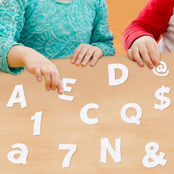 Colarr 216 Pcs Glitter Bulletin Board Letters for Classroom Number Alphabet Punctuation Symbol Cutout 4'' Die-Cut Poster Letter with Adhesive Dot School Party Holiday Decor Display(Iridescence White)
