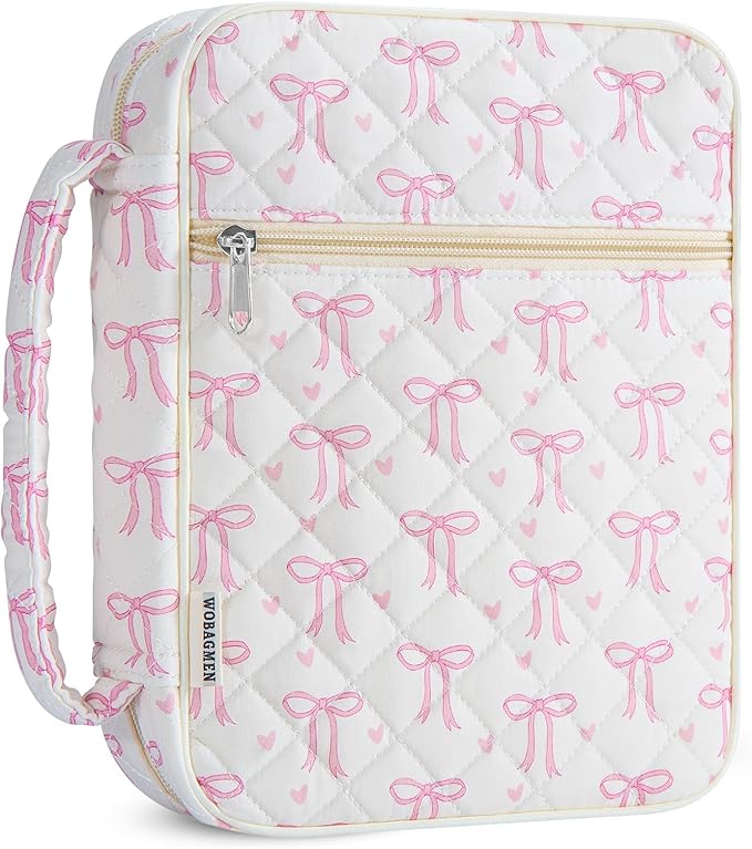 WOBAGMEN Bible Cover Case for Women,Large Bible Tote Bags Organizer Quilted Carrying Case for Girls,Bible Study Supplies Accessories Christian Gifts for Women (Pink Bow Heart, M)