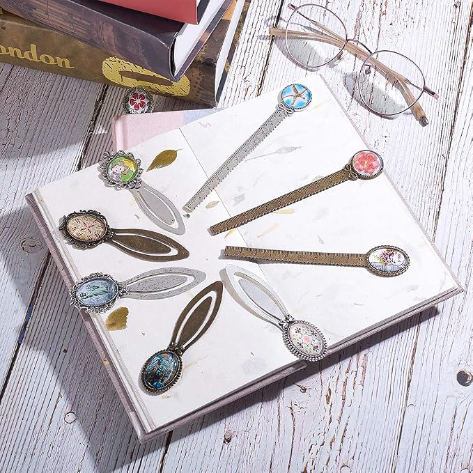 SUNNYCLUE 12Pcs 2 Styles Ruler Bookmark Pendant Tray Kit with 8Pcs Bookmark Cabochon Setting 4Pcs Ruler Cabochon with Clear Oval Round Glass Cabochon for DIY School Office Supplies Book Gifts Making