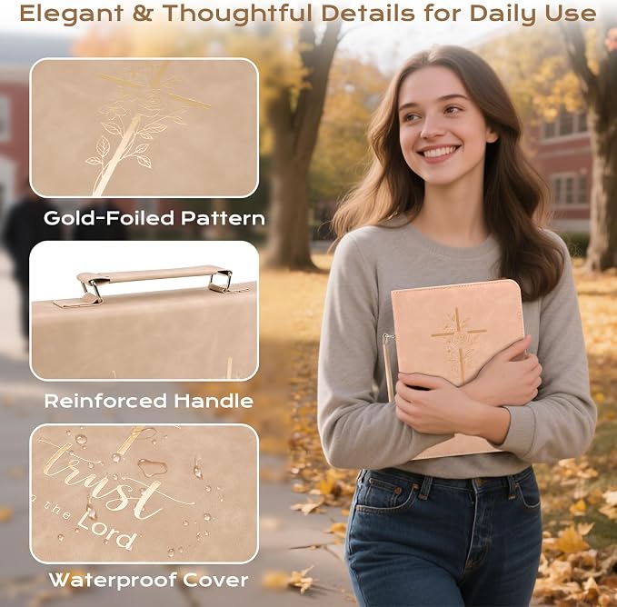 XKDOUS Bible Cover Case for Women, Gold Foiled Leather Bible Bags with Study Supplies, Tabs, Bookmarks, Pens, Large Book Carrying Case with Handle, Christian Gifts for Mom Lady Men