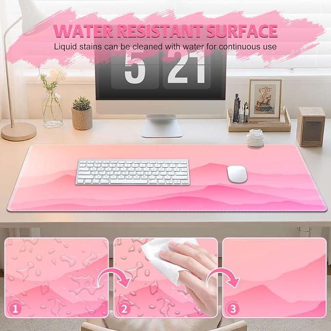 Desk Mat for Keyboard and Mouse, Large Mouse Pad Non-Slip Keyboard Pad, Computer Mats for Desktop, Cute Desk Pad with Stitched Edges for Office, Gaming I Pink Mountains