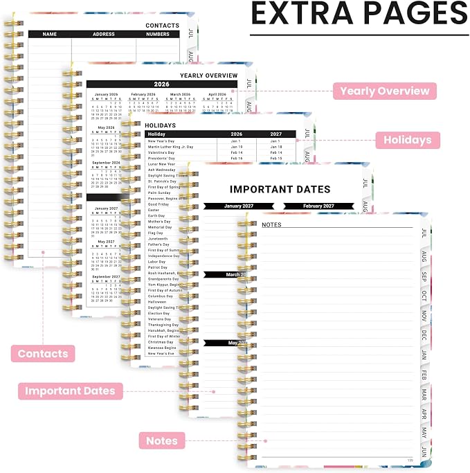 Planner 2026–2027, Academic Planner Weekly and Monthly Calendar Jul 2026 – Jun 2027 Hardcover Planner with Tabs and Pocket, Spiral Bound Agenda Book for Student & Teacher, 6.3" x 8.5", Bloom Floral