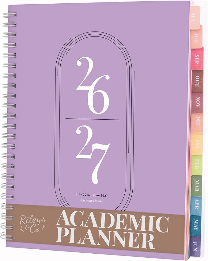 Rileys Academic Planner 2026-2027, Daily, Weekly & Monthly Planner, July 2026 - June 2027, Student Notes Pages, Twin-Wire Binding, Weekly Agenda for School & Work (8 x 6-Inches, Lilac)