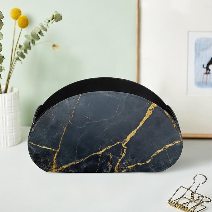 Polished Black Marble with Golden Veins Remote Control Holder with 5 Compartments Leather TV Remote Caddy Remote Storage Box Desktop Organizer for Pen/TV Remotes/Media Controllers/Office Supplies