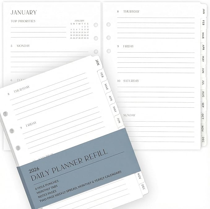 Beautiful 2026 Daily Planner Inserts for 6 Ring Binders – Durable A5 Paper Refill Set 5.5" x 8.3" - Refills Incl. Tabs & Monthly Calendar Spreads - From January 2026 - December 2026