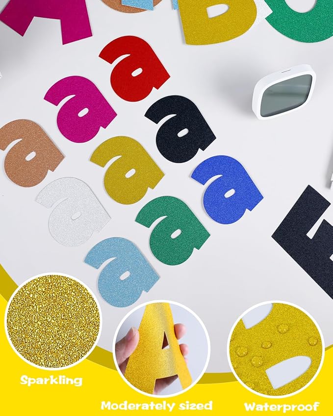 249 Pcs Glitter Bulletin Board Letters Numbers and Punctuation, 4 Inch Alphabet Poster Board Cardboard Letter Cutouts with Adhesive Dots for Classroom Bulletin Board School Decorations (Yellow)