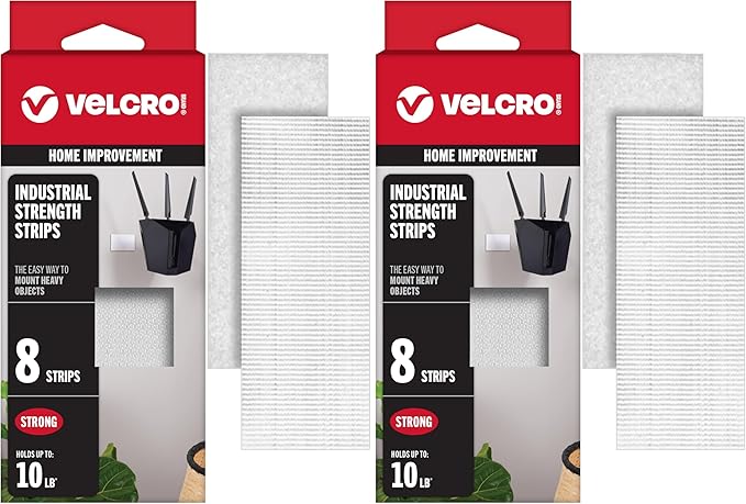 VELCRO Brand Heavy Duty Strips with Adhesive 8 Sets, White Wide 4in x 2in Holds 10 lbs Industrial Strength Stick On Tape Indoor or Outdoor Use, 8 Count (Pack of 2)