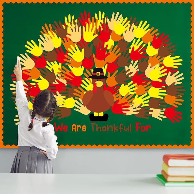 Zhanmai 118 Pcs Thanksgiving Turkey Bulletin Board Set Thankful Handprint Turkey Bulletin Board Decor Handprint Turkey Cutouts Turkey Craft for Classroom Fall Thanksgiving Wall Decor