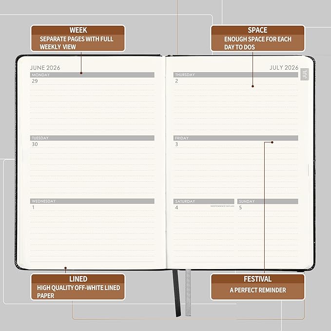 2026-2027 Planner - Planner 2026-2027 with Pen Loop, Jul 2026 - Jun 2027, to Achieve Your Goals & Improve Productivity, Thick Paper, 40 Note Pages, Inner Pocket, 5.75" x 8.25" - Black