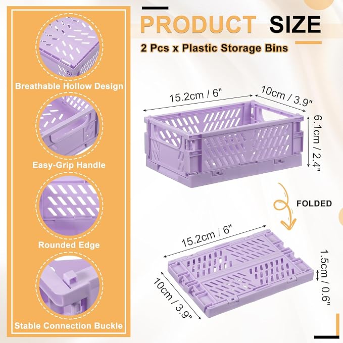 uxcell 2Pcs Small Plastic Storage Baskets, 6 x 3.9 x 2.4 Stackable Foldable Storage Bins with Handles Collapsible Crates for Home Office Shelves Closet Books Organizing, Purple