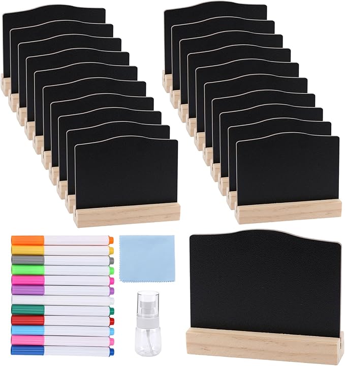 20 Pcs Mini Chalkboard Signs with Pens, Reusable and Reserved Table Signs, Double-Sided Use Message Board Sign for Weddings Place Cards, Birthday Parties, Plants, Special Event Decoration (Black(c))