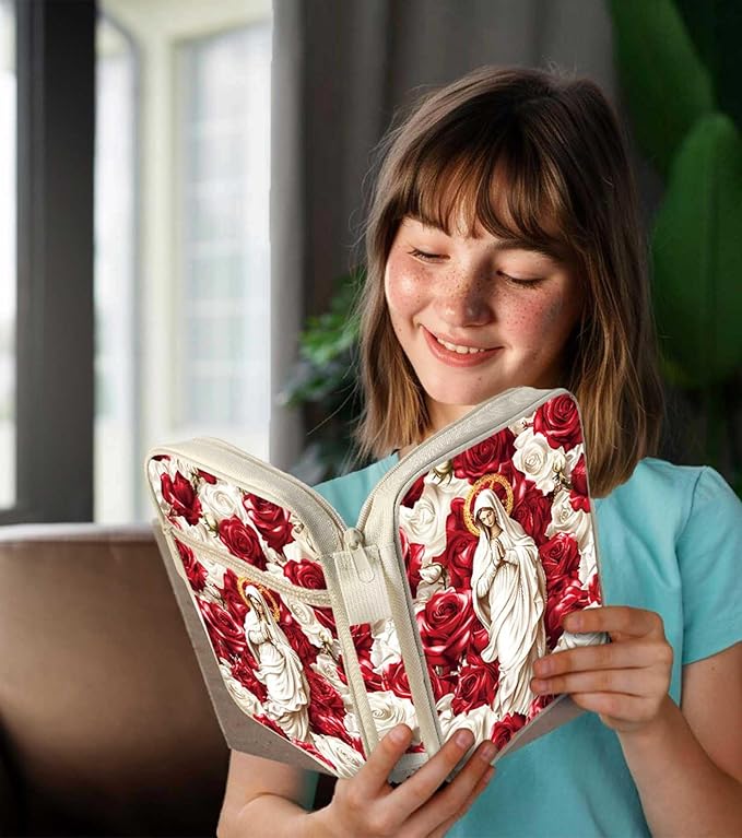 Virgin Mary Bible Cover for Women | Red and White Roses Scripture Case with Zipper and Handle | Large Polyester Bible Bag with Pockets for Church, Study & Travel | Christian Gifts for Women