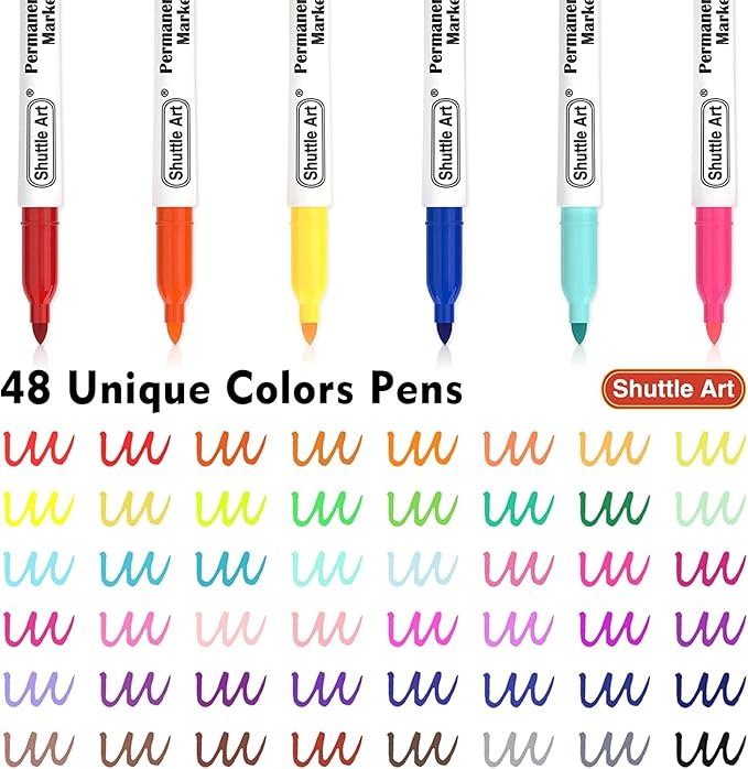 Shuttle Art Permanent Markers, 48 Colors Fine Point, Assorted Colors with Travel Case, Ideal for Adults Coloring Doodling on Plastic, Glass, Wood and Stone, Gift for Students
