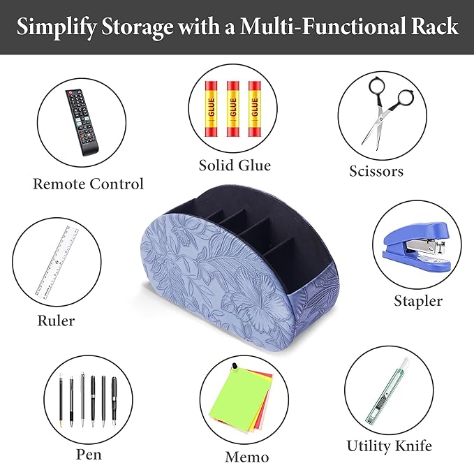 QIELIZI Remote Control Holder, PU Leather Remote Caddy Desktop Organizer with 5 Spacious Compartments for TV Remotes/Media Controllers/Office Supplies (1-Carved Blue