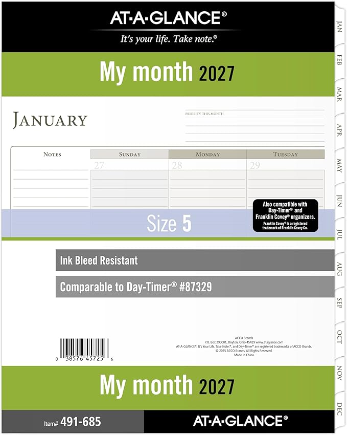 AT-A-GLANCE 2027 Planner Refill, Monthly, 8.5" x 11", Folio Size 5, Tabbed, 7-Ring Loose-Leaf (491-685-27)