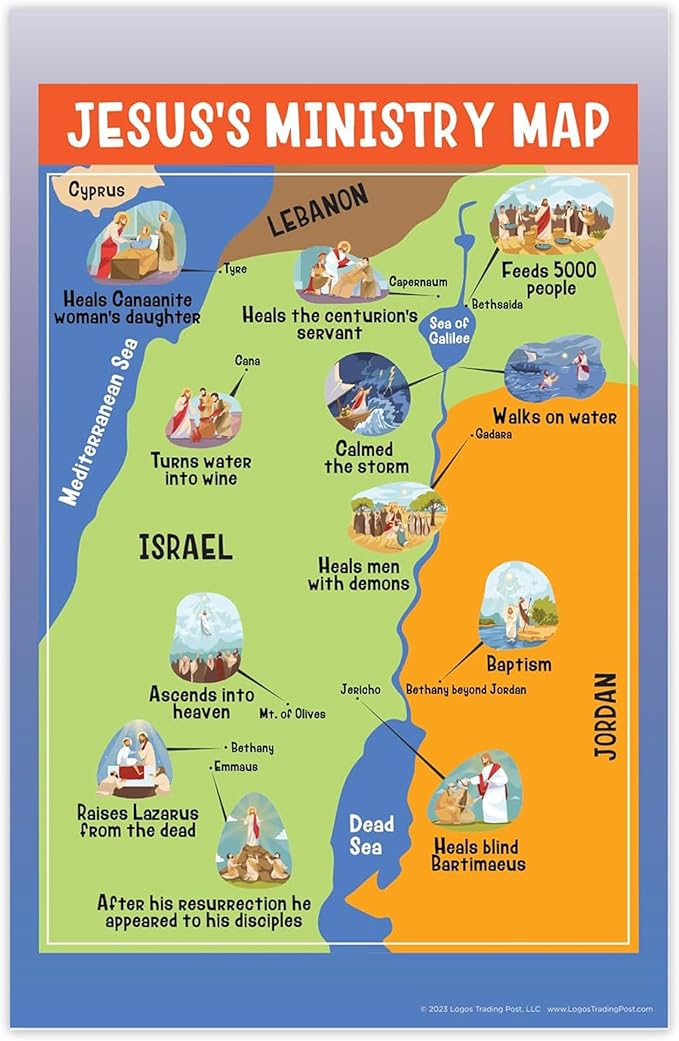 Bible Posters For Kids - Jesus Ministry Map, 11"x17" Laminated Sunday School Posters For Christian Classroom Decor, Sunday School Decorations For Classroom & Church Nursery Decor