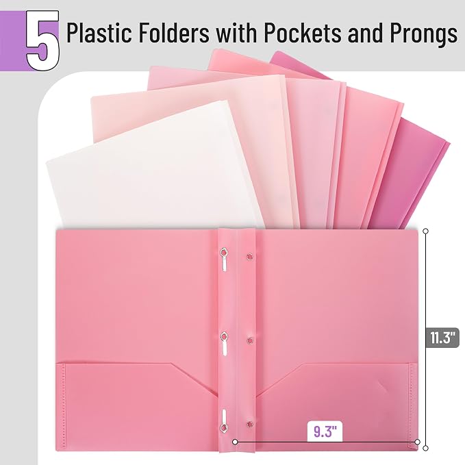 Mr. Pen- Plastic Folders with Pockets and Prongs, 5 Pack, Dusty Rose Colors, File Folders with Fasteners, 2 Pocket Folder