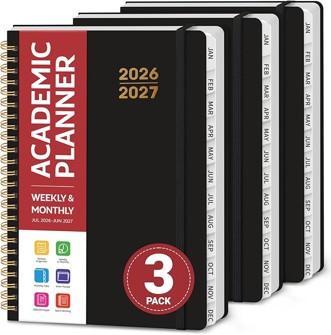 Planner 2026-2027 for Women & Men, Set of 3, Academic Monthly and Weekly Calendar Planner, Jul 2026 - Jun 2027, A5 (6.3" x 8.5"), Teacher Student Planning Book with Tabs, Ideal for Office School Supplies - 3 Black