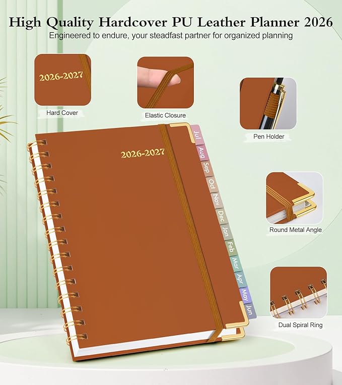 Academic Planner 2026-2027, Hardcover Weekly and Monthly Calendar Planner from July 2026 - June 2027, Daily Agenda Planners with Tabs, College School Organizer for Student Teacher, A4 (8.5" x 11"), Brown
