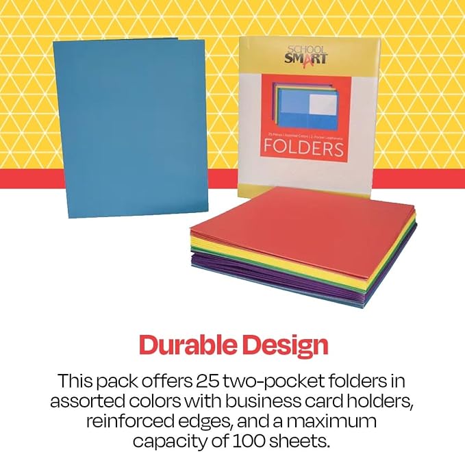School Smart 2-Pocket Folders, Assorted Colors, Pack of 25 - 084900