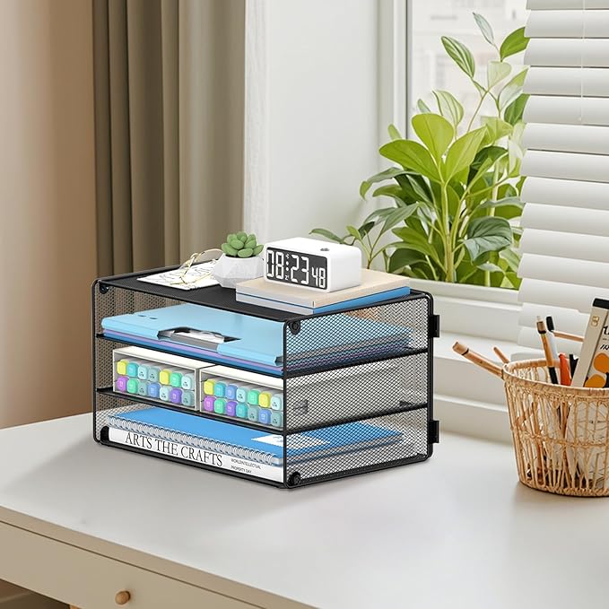 DALTACK 3 Tier Letter Tray Paper Organizer for Desk, Mesh Metal Desk File Organizer with Sliding Trays for Letter/A4 Paper, Mail, Bills & Folders, Black