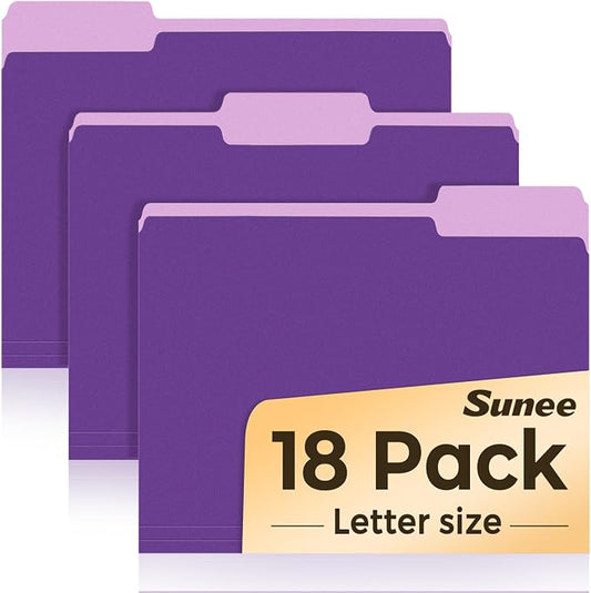 SUNEE File Folders, 18 Pack Manilla Folders 8.5 x 11, 1/3 Cut Tab for Easy Labeling and Organization, Durable Standard Paper for Home, Office, School Filing, Purple
