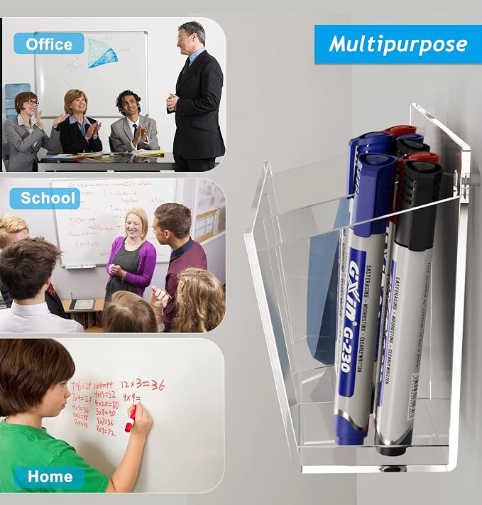 FUCDTEFC Wall Mount Marker Holder, Acrylic Dry Erase Marker Wall Holder, 2 Compartments Pencil Pen Dispenser Makeup Markers Holder Whiteboard Clear Organizer for Classroom Wall