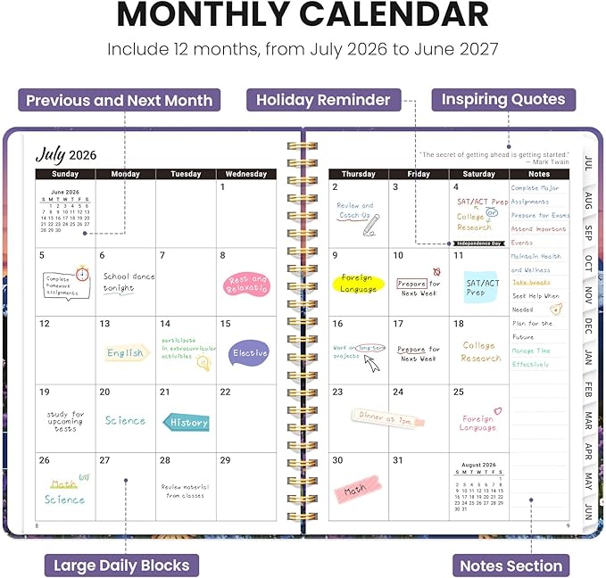 Planner 2026-2027, Monthly and Weekly Academic Planner July 2026 - June 2027, Hardcover Student Teacher Planning Agenda Calendar Book with Tabs, Perfect for Office School Supplies, A5 (6.3" x 8.5") - Moonlit Blooms