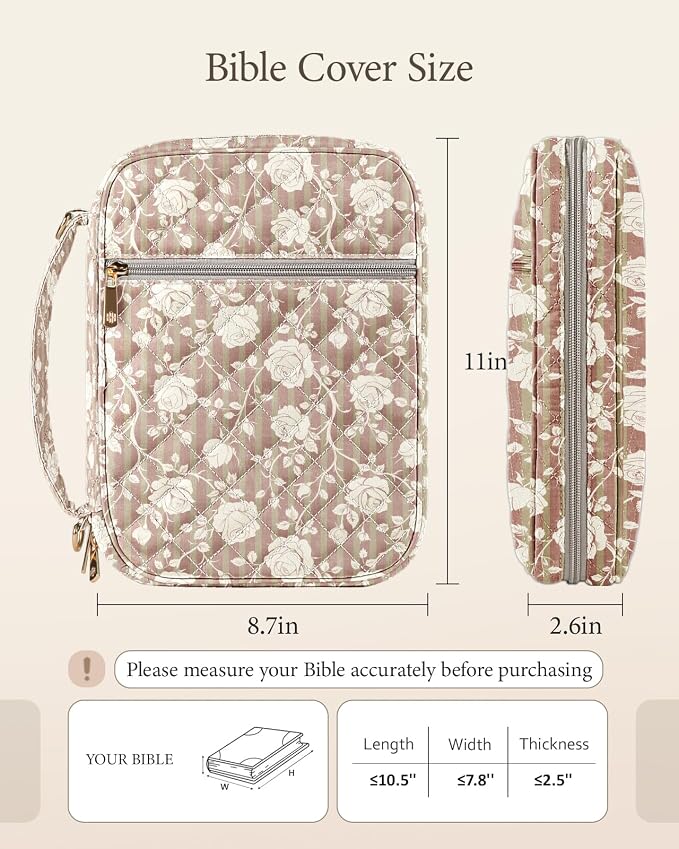BellaHold Bible Cover Case for Women, Large Bible Bag with Detachable Strap & Bible Study Supplies, 12 Highlighters, 6 Colored Gel Pens & 75 Bible Tabs, Christian Gifts for Women (Vintage Rose Stripe)
