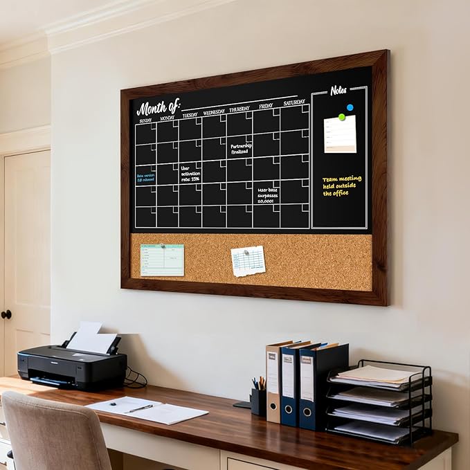 DOLLAR BOSS Chalkboard Calendar Corkboard Combo, 24" x 18" Magnetic Chalk Board Monthly Planner & Natural Cork Bulletin Rustic Wood Frame for Office Home School with 4 Markers, 8 Magnets, 10 Pins